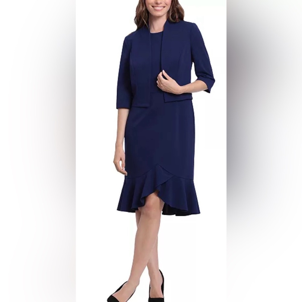 NEW London Times 2-Pc. Jacket & Ruffled-Hem Sheath Dress Set Size 10 Blue JACKET